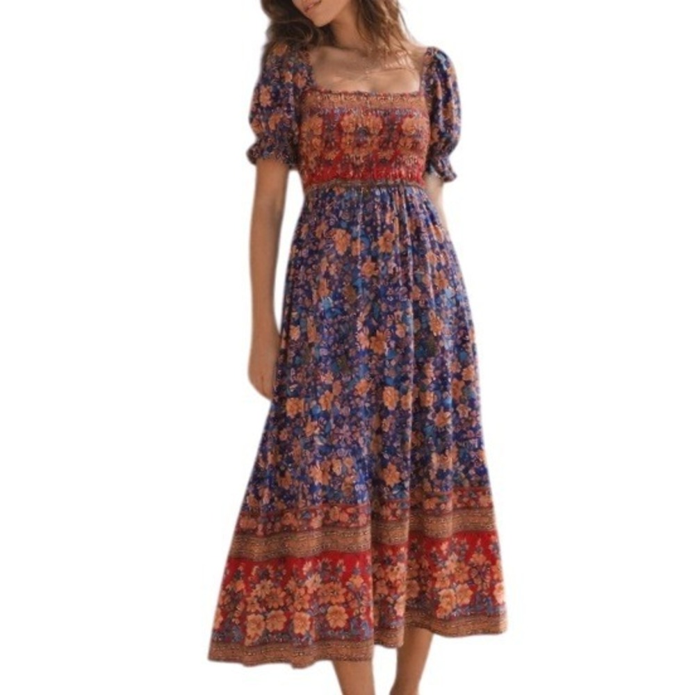 Floral Smocked Maxi Midi Dress Puff Sleeve Square Neck Small Boho Romantic Hippy
